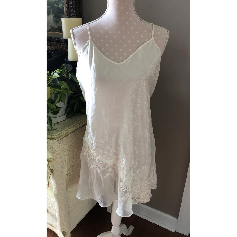 Vtg  Dentelle Lingerie White Bridal Nightgown Satin Embroidered Sheer Large